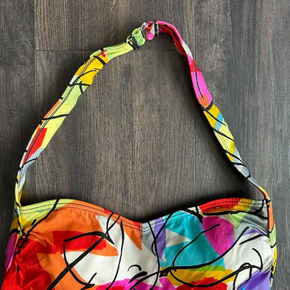 Vintage Christian Dior One-Piece Swimsuit Halter Bright Colorful Abstract Print - Picture 2 of 8